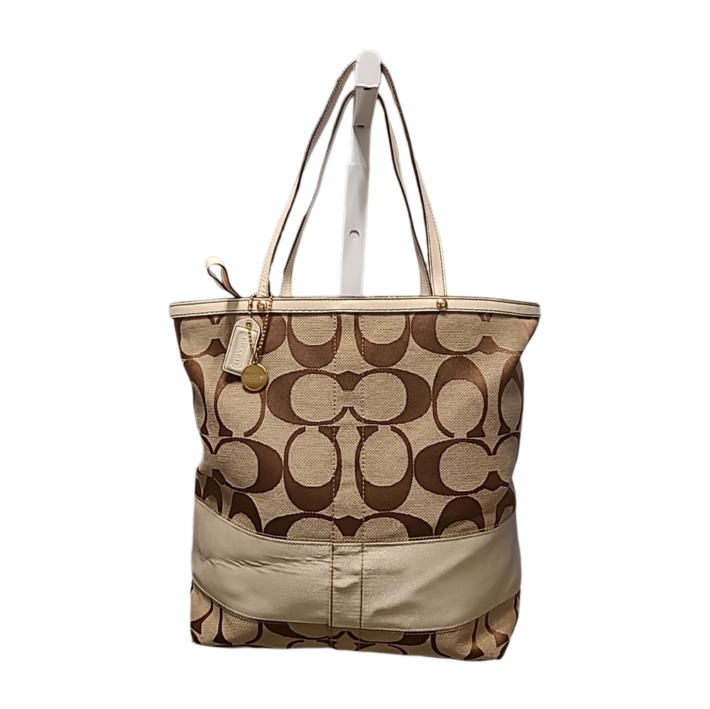 COACH Signature Khakie/Brown Ivory Leather Trimed Tote Shoulder Bag 10125 GUC
